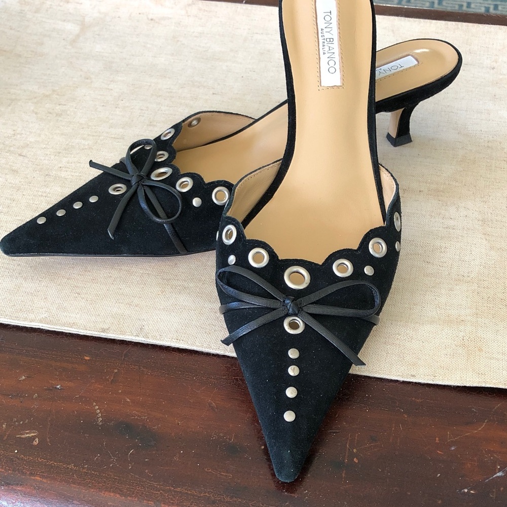 Tony Bianco Black Suede Pointed Toe Grommet Slip-On Mules - Picture 2 of 6